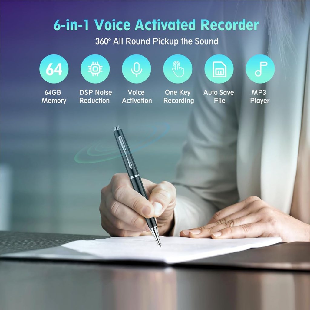 64GB Digital Voice Recorder with Playback: Voice Activated Recorder with AI-Intelligent Noise Reduction, Voice Activated Sound Audio Tap Recorder Device for Lectures Meetings, Work, Interviews