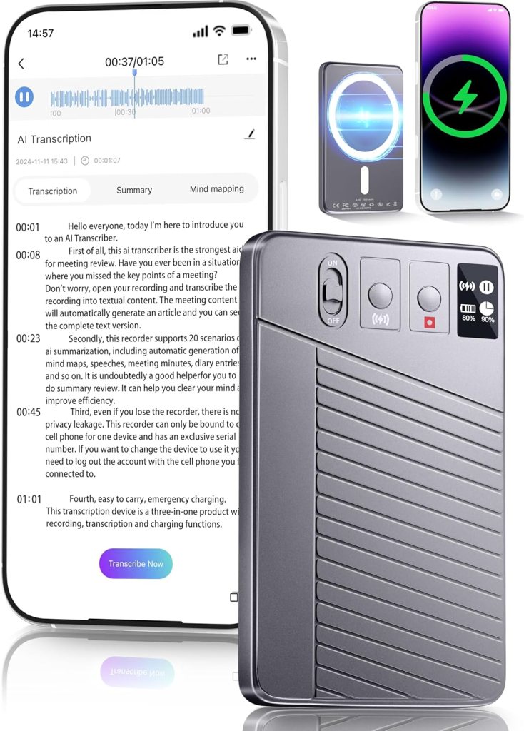 AI Voice Recorder - Record,Transcribe,Charge 3 in 1,Support 107 Languages,Avoid Missing Meeting Highlights,64 GB,ChatGPT Driven AI Summarization,App Control,Mind Mapping,Bluetooth Distance 50ft
