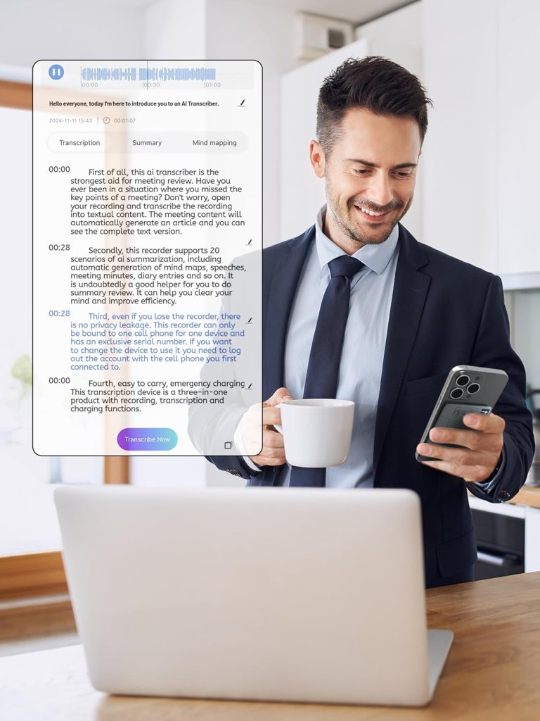 AI Voice Recorder - Record,Transcribe,Charge 3 in 1,Support 107 Languages,Avoid Missing Meeting Highlights,64 GB,ChatGPT Driven AI Summarization,App Control,Mind Mapping,Bluetooth Distance 50ft