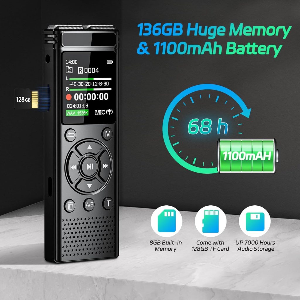 136GB Digital Voice Recorder, One Click Record, 7000 Hours Sound, PCM Recording, Voice Activated, Large Screen, Password Protection, Multi-function, 2-Year Warranty