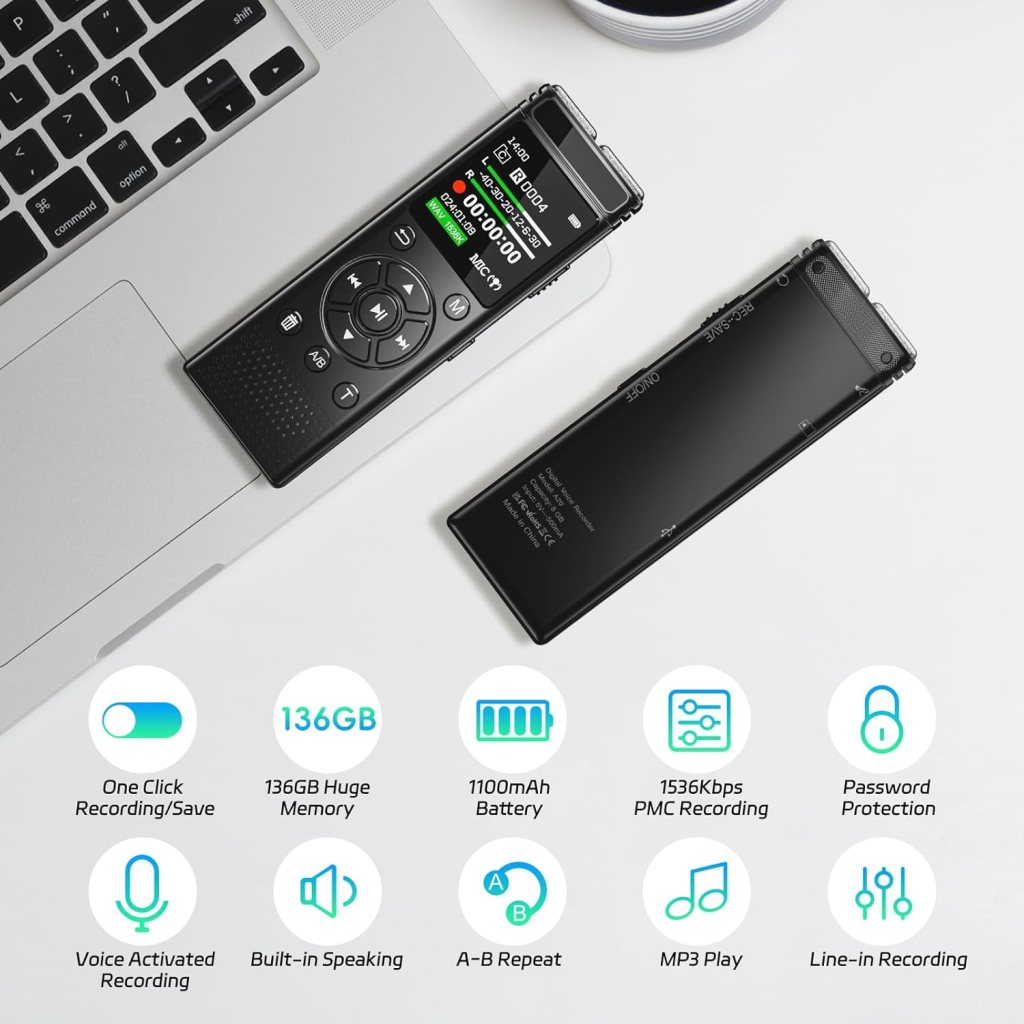 136GB Digital Voice Recorder, One Click Record, 7000 Hours Sound, PCM Recording, Voice Activated, Large Screen, Password Protection, Multi-function, 2-Year Warranty