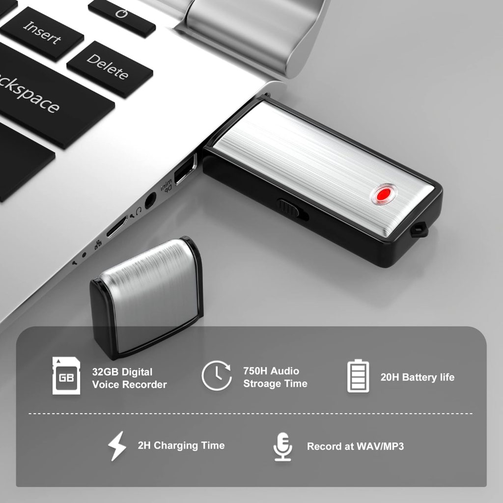 32G Voice Recorder, Digital Audio Recorder with 750 Hours Recording Capacity Noise Reduction USB Recording Device Rechargeable Voice Recorder for Lecture,Interview,Meeting Class