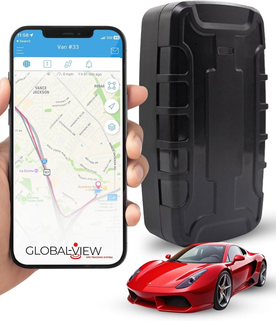 Global View Hidden Magnetic GPS Tracker – Real-Time Car Tracker, Subscription Required – Quick Setup, Magnetic Backing, Fleet Tracking Device Software, Long Battery Life, Geofence, Speed Alert