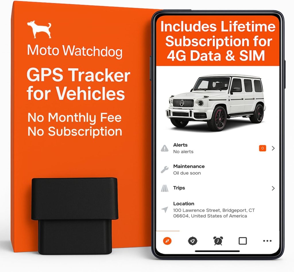 GPS Tracker for Vehicles, No Monthly Fee, No Subscription, 4G SIM and Data Included, Business Fleets, Speeding Alerts, Trip History, Mileage Tracking, Geofence, OBD, USA Developed, Moto Watchdog