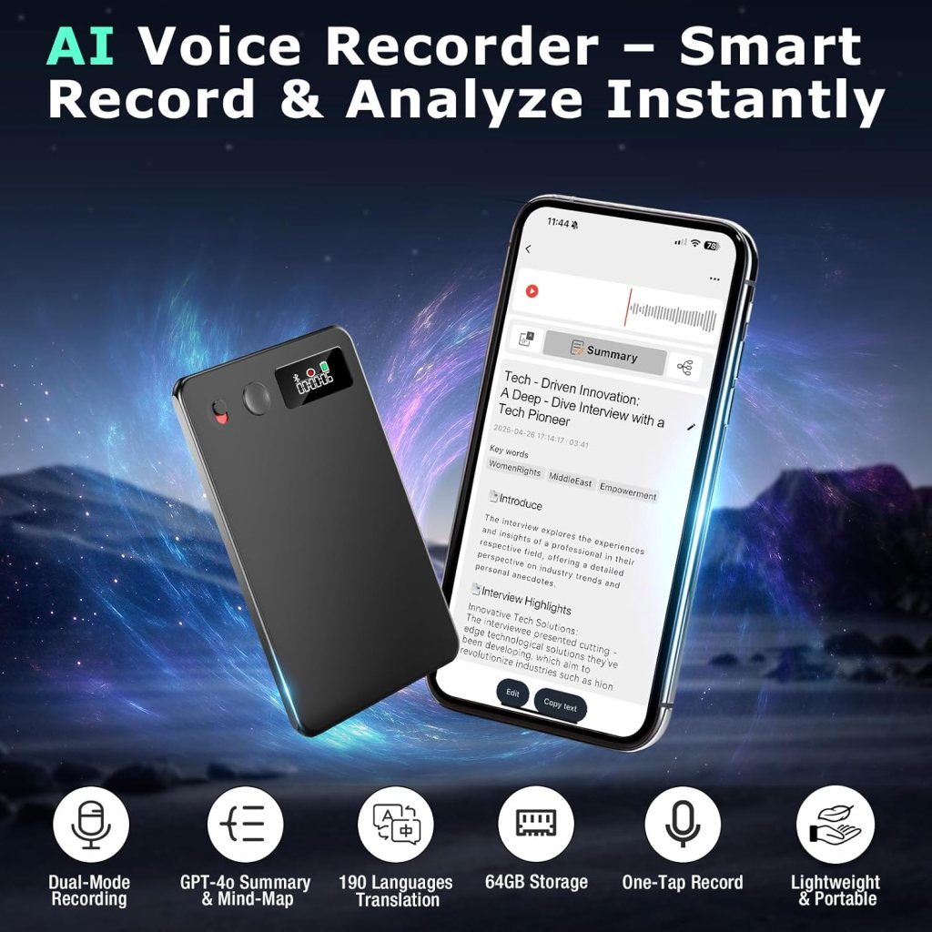 AI Voice Recorder, Audio Activated Recorder with Playback, App Control, Transcribe  Summarize with AI Technology, 190 Languages, 64GB Memory, Suitable for Lectures, Learning, Meetings, Calls