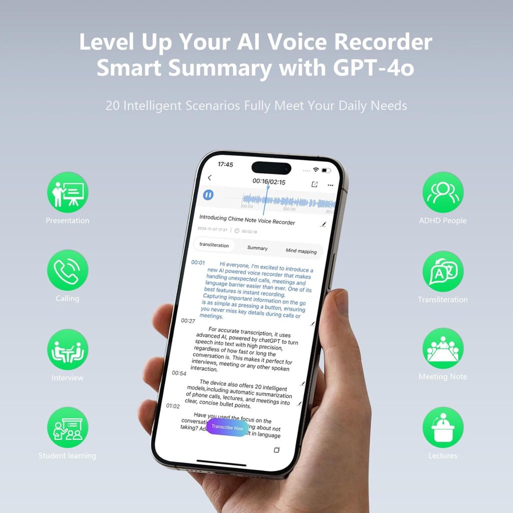 AI Voice Recorder, Voice Recorder with No Fee for Transcribe  Summarize Empowered by ChatGPT, APP and Web Sync, Real-time Translation, 107 Languages, Wireless Charging, for Lectures, Meetings-Silver