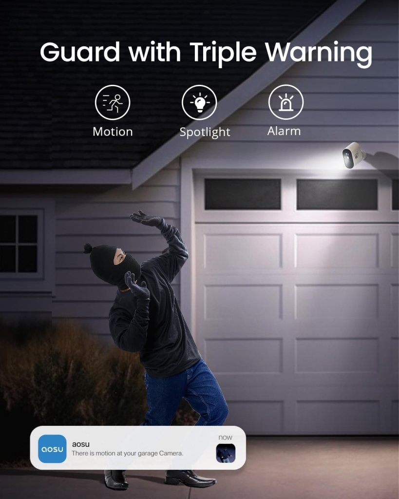 AOSU 3K/5MP Solar Security Cameras Outdoor Wireless, Ultra HD Video Home Security System 4-Cam Kit with 166° Ultra Wide Angle, Cam-to-Cam Sync, Color Night Vision, Spotlight  Siren, No Monthly Fees