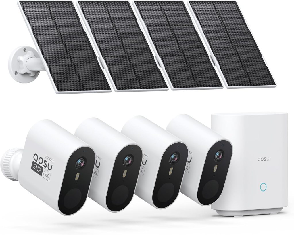 AOSU 3K/5MP Solar Security Cameras Outdoor Wireless, Ultra HD Video Home Security System 4-Cam Kit with 166° Ultra Wide Angle, Cam-to-Cam Sync, Color Night Vision, Spotlight  Siren, No Monthly Fees