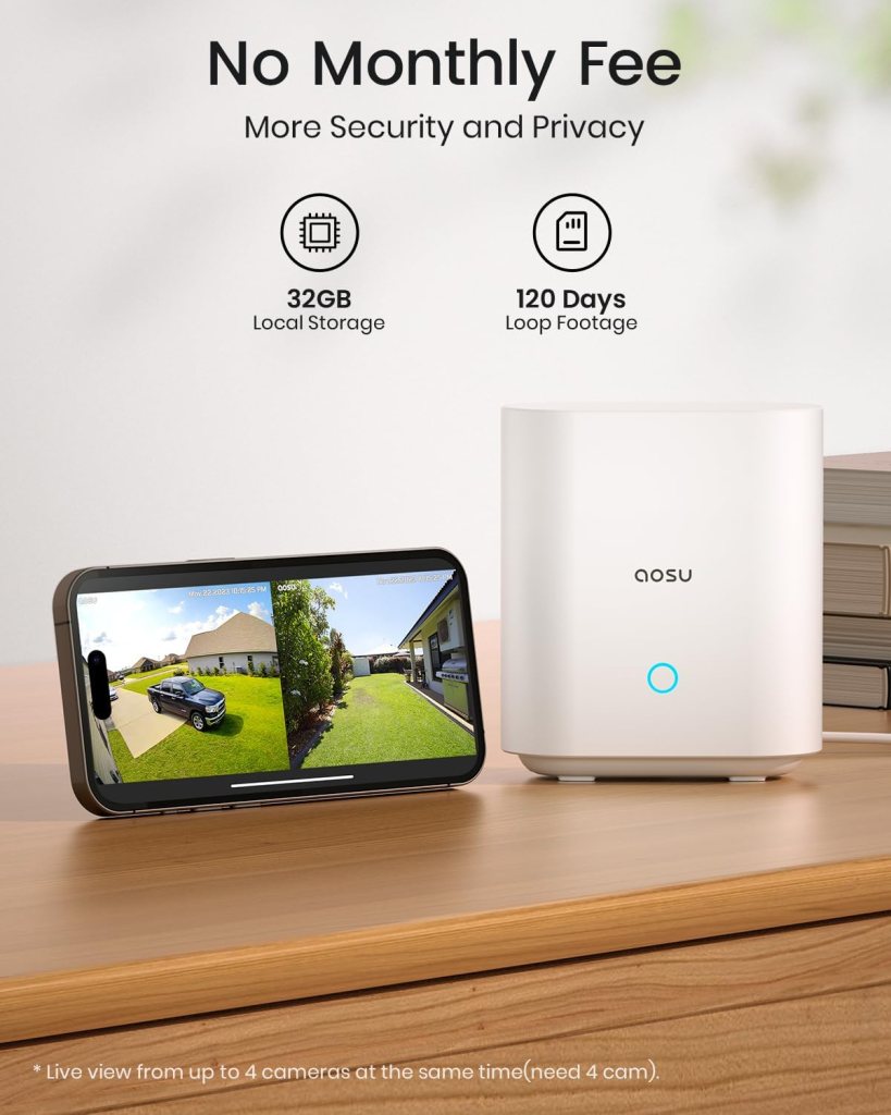 AOSU 3K/5MP Solar Security Cameras Outdoor Wireless, Ultra HD Video Home Security System 4-Cam Kit with 166° Ultra Wide Angle, Cam-to-Cam Sync, Color Night Vision, Spotlight  Siren, No Monthly Fees