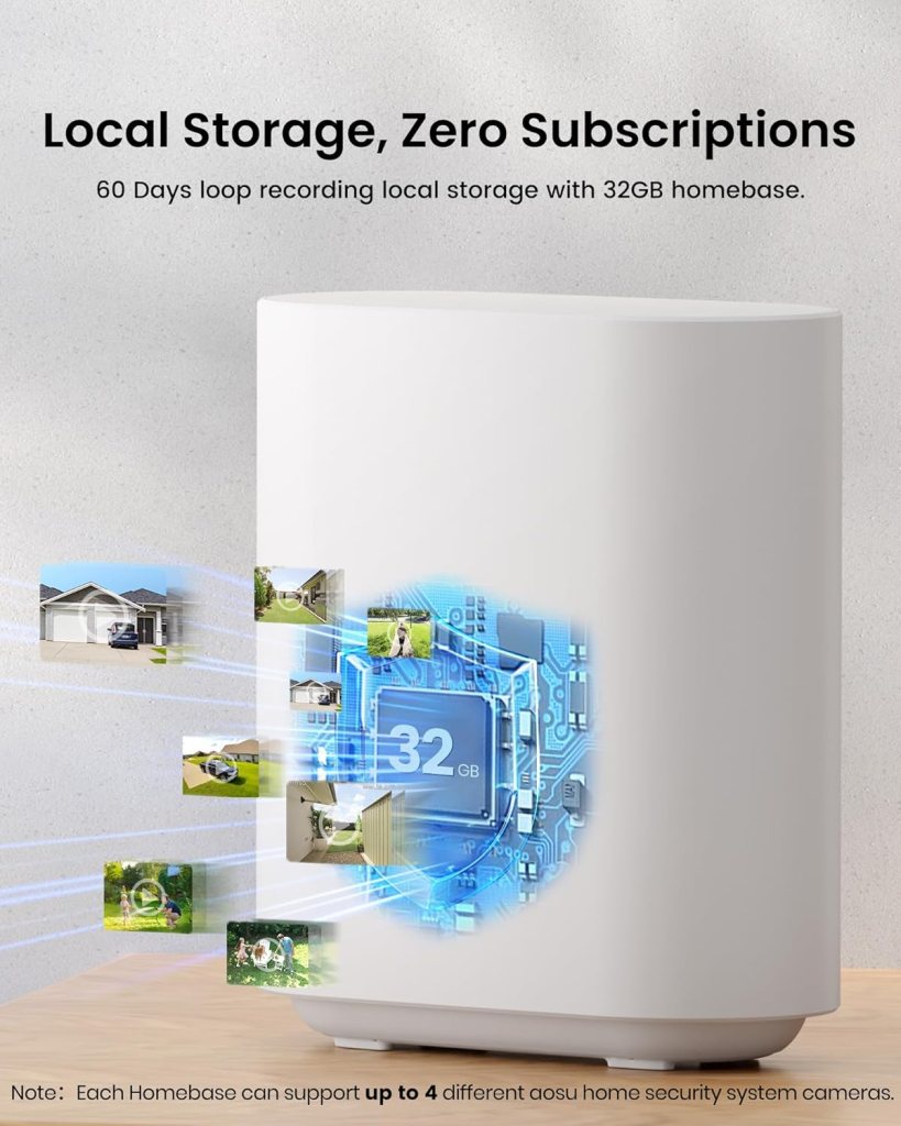 AOSU Solar Security Cameras Wireless Outdoor, 2Mins DIY Installation, No Subscription Cameras for Home Security System, Local Storage, 2K Color Night Vision for Surveillance, 2.45ghz WiFi, 4 Cam-kit