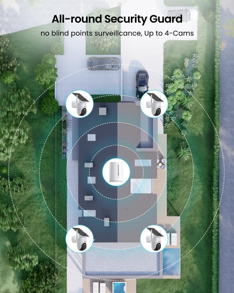 Security Cameras Wireless Outdoor, 4 Cam-Kit, 4MP Solar Security Camera Wireless System with 360° Pan  Tilt, HD Color Night Vision, Motion Detection, 64GB Memory Card, No Monthly Fee