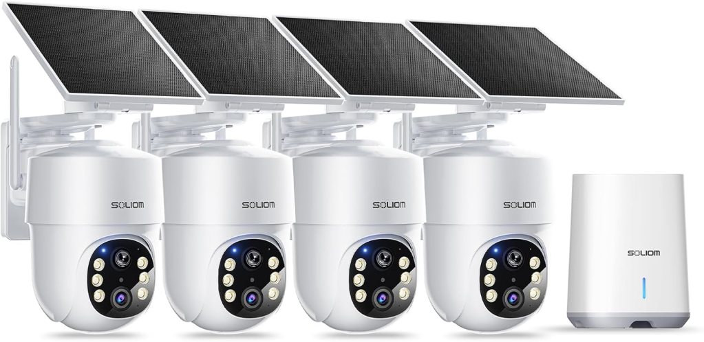 SOLIOM- 5MP Security Cameras Wireless Outdoor, No Subscription,4-Cam Pack, Solar Powered Home Security Camera with 360° Auto Tracking, Pan  Tilt, 3K Color Night Vision,5G  2.4G Router Compatible