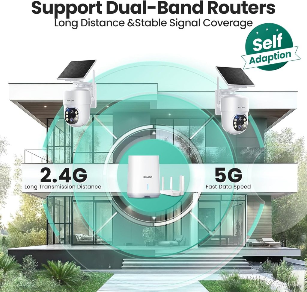 SOLIOM- 5MP Security Cameras Wireless Outdoor, No Subscription,4-Cam Pack, Solar Powered Home Security Camera with 360° Auto Tracking, Pan  Tilt, 3K Color Night Vision,5G  2.4G Router Compatible
