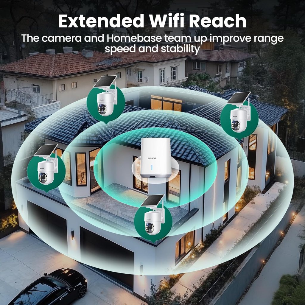 SOLIOM- 5MP Security Cameras Wireless Outdoor, No Subscription,4-Cam Pack, Solar Powered Home Security Camera with 360° Auto Tracking, Pan  Tilt, 3K Color Night Vision,5G  2.4G Router Compatible