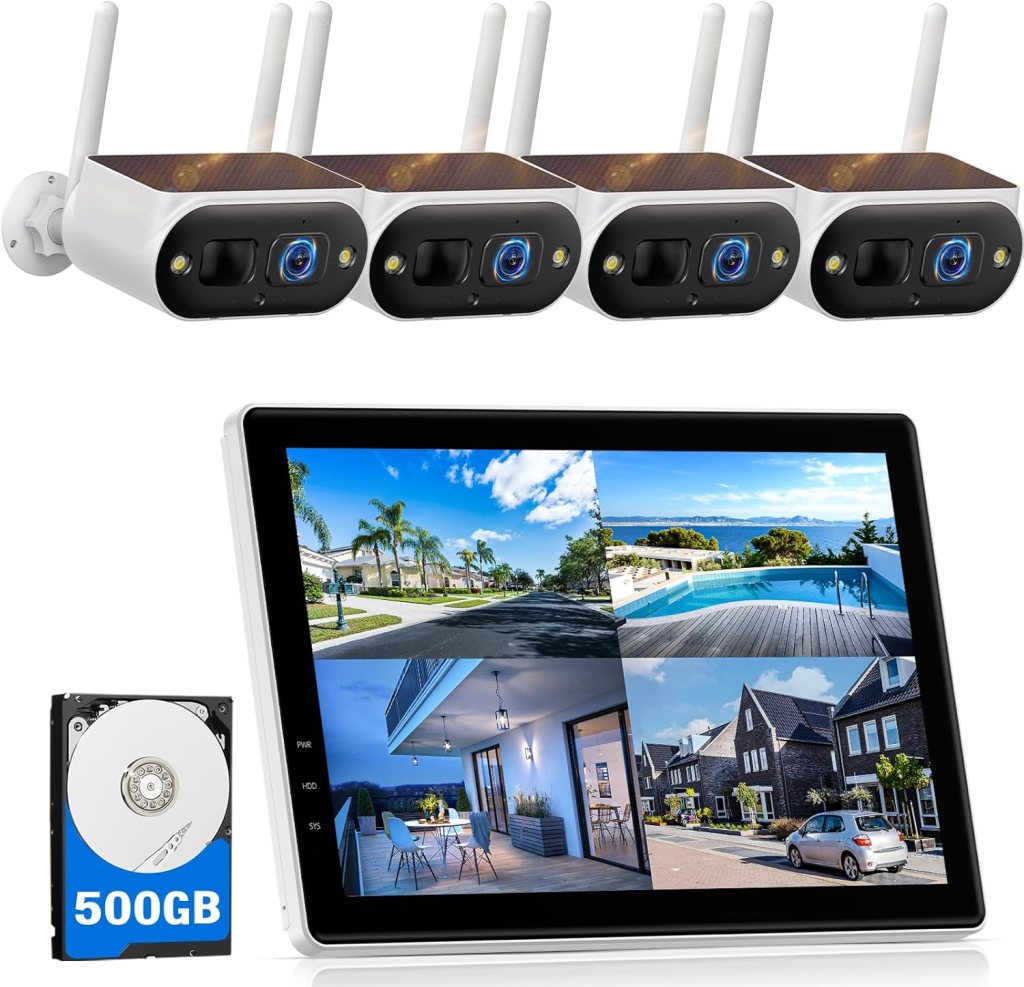Camcamp Solar Camera Outdoor Wireless with 10 Monitor, 4MP Home Security Camera System, Solar-Powered, Color Night Vision, 10CH Expandable, 500GB Local Storage for Surveillance, 2.4  5GHz WiFi