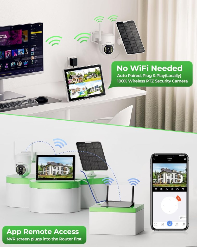 CAMCAMP Solar Security Cameras Wireless Outdoor with 10 Monitor, 10CH NVR 2K Solar Home Security Camera System with 360° Color Night Vision,2-Way Audio,500GB Local Storage,No Monthly Fee,No Need WiFi