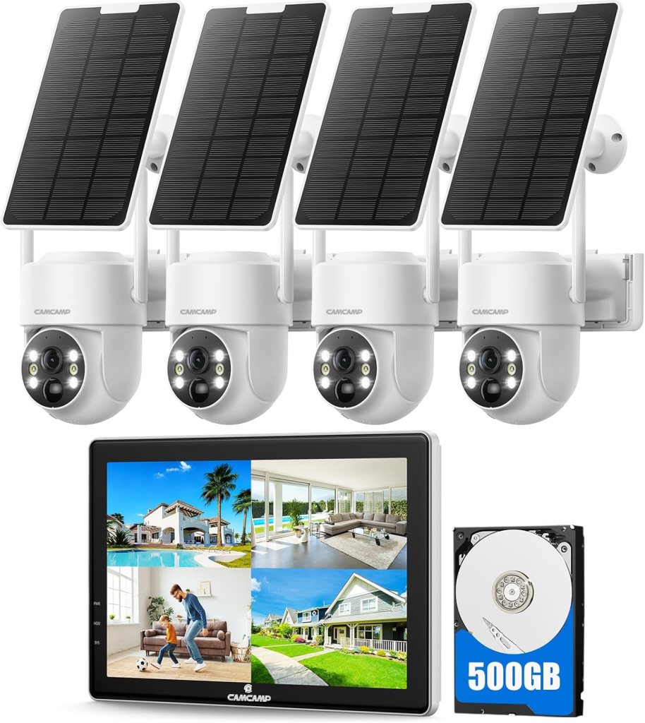 CAMCAMP Solar Security Cameras Wireless Outdoor with 10 Monitor, 10CH NVR 2K Solar Home Security Camera System with 360° Color Night Vision,2-Way Audio,500GB Local Storage,No Monthly Fee,No Need WiFi