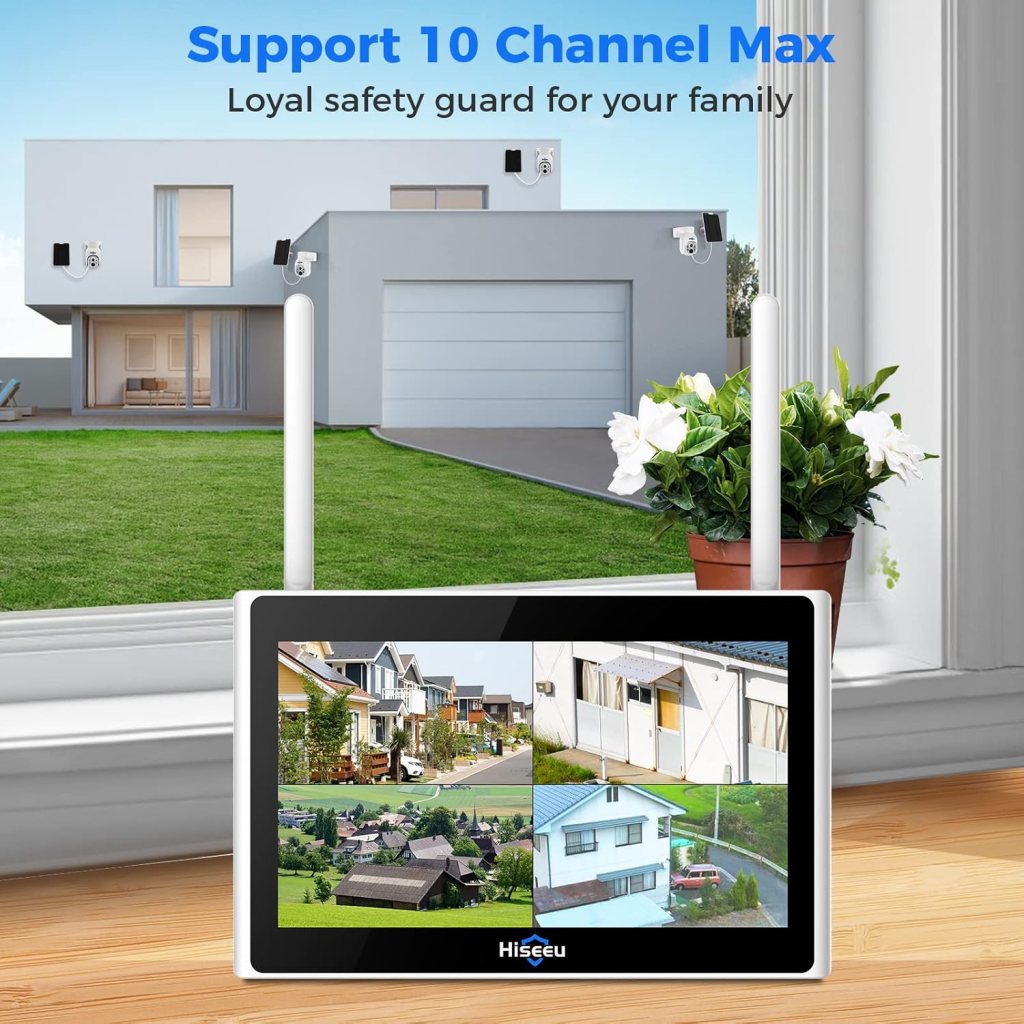 Hiseeu Solar Security Camera System, 4MP 100% System with 10 LCD, 360° PTZ, Color Night Vision, Motion Detection, 2.4G WiFi Home Security System, No Subscription Fees, 1TB HDD Included