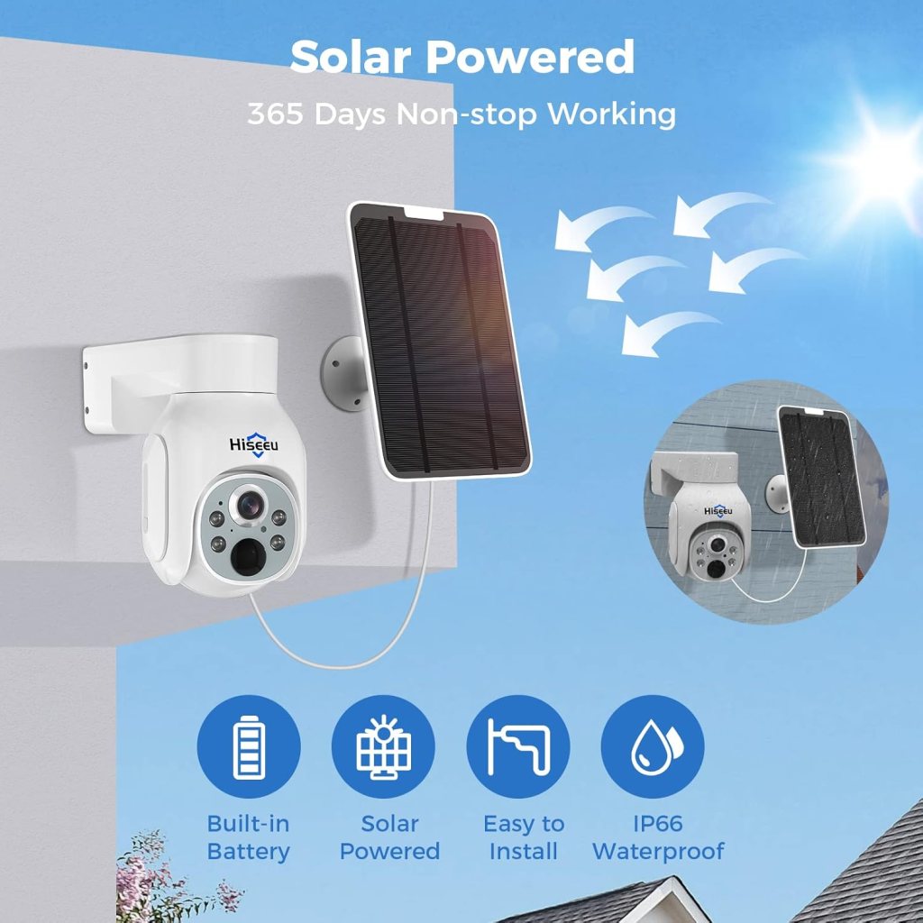 Hiseeu Solar Security Camera System, 4MP 100% System with 10 LCD, 360° PTZ, Color Night Vision, Motion Detection, 2.4G WiFi Home Security System, No Subscription Fees, 1TB HDD Included