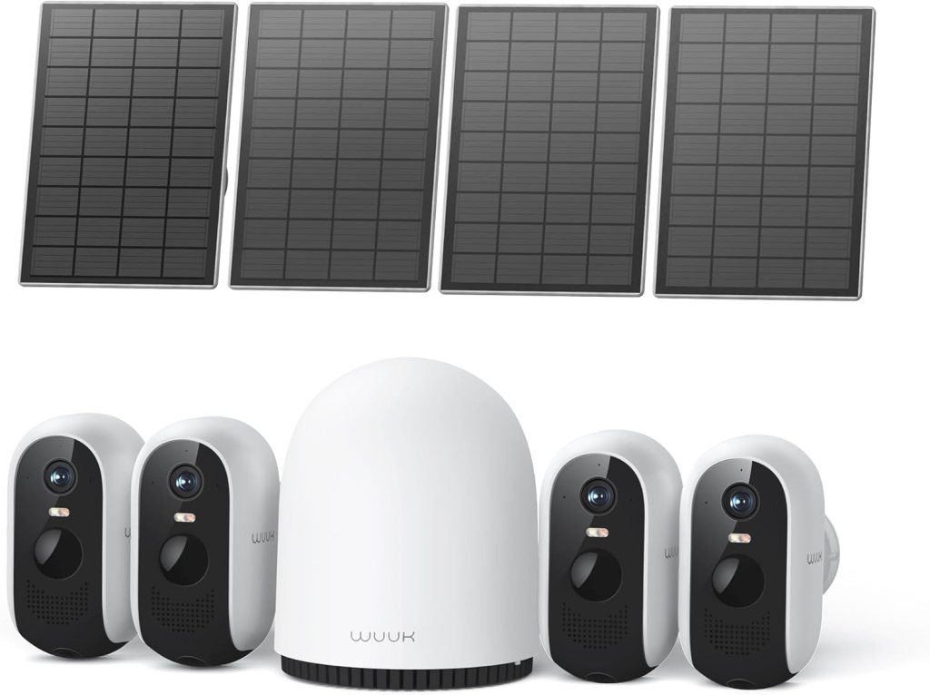 WUUK 2K Solar Security Cameras Wireless Outdoor, 4 Cam-Kit Home Security System, Color Night Vision, Forever Power, No Subscription, 32G Local Storage, Compatible for Alexa, Google Home, 2.4G5G WiFi