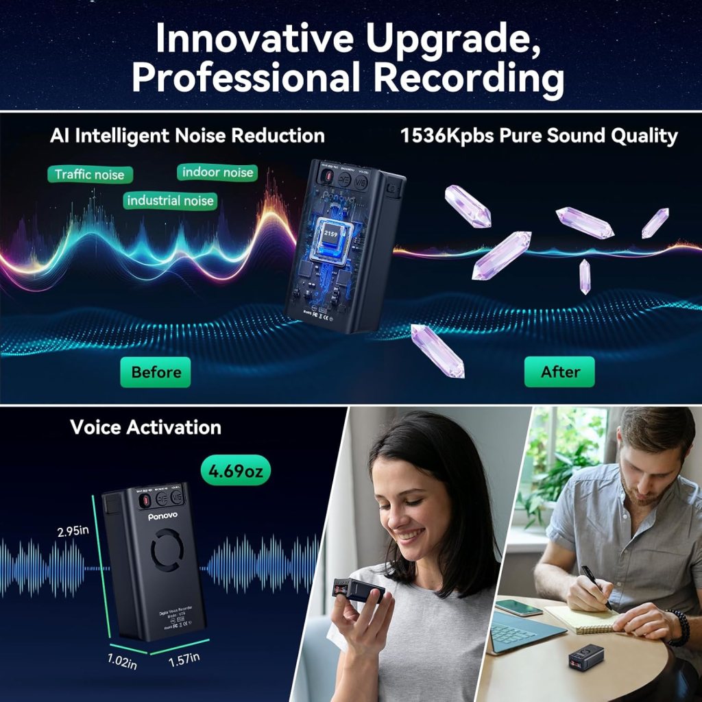 128GB Magnetic Digital Voice Recorder, 45 Days Continuous Recording, Voice Activated Audio Recorder with Password, Clip, Metal Housing, 2159 Professional Noise Reduction for Meetings Lectures