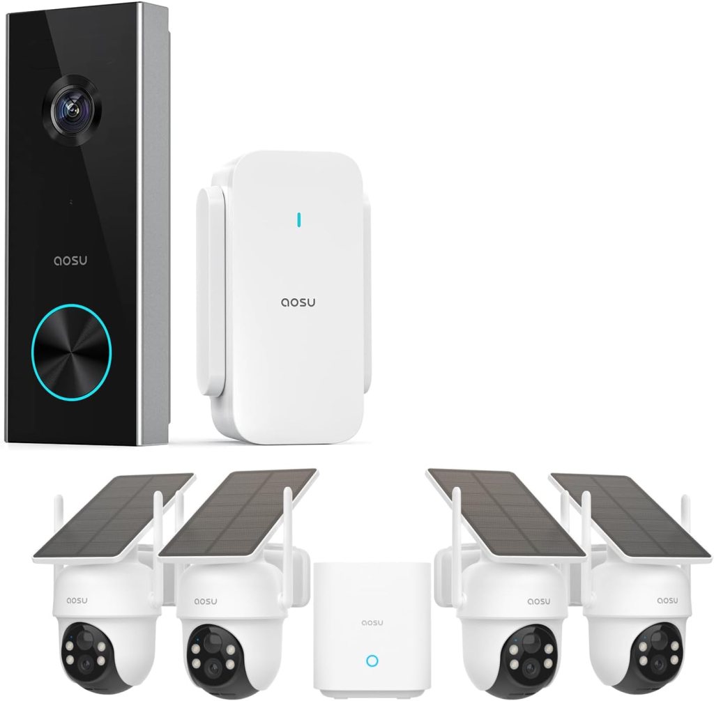 AOSU Solar Security Cameras Wireless Outdoor,4 Cam Kit 2K Doorbell Camera Wireless, No Subscription, No Monthly Fee.